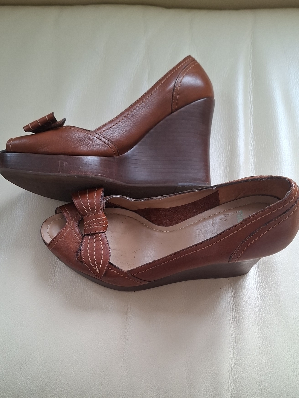 Nicole Vintage Y2K leather platform Women's Brown Wedge Peep-Toe Pumps with Bow